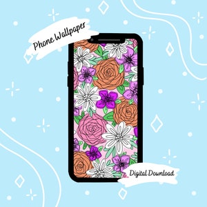 Puede incluir: Un fondo de pantalla digital para teléfono con un patrón floral con flores rosas, naranjas, blancas y moradas sobre un fondo rosa. El texto "Phone Wallpaper" y "Digital Download" también se incluye en la imagen.
