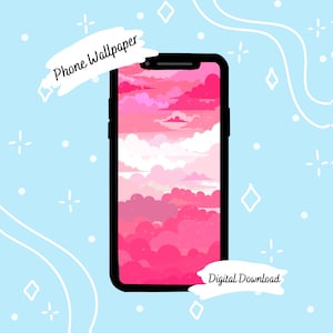 Puede incluir: Un fondo de pantalla digital para teléfono con un cielo nublado rosa y blanco. El texto "Phone Wallpaper" y "Digital Download" está incluido en la imagen.