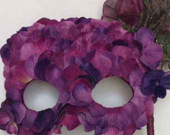 Handmade Mask featuring purple and lavender velvet flower petals and acanthus leaves