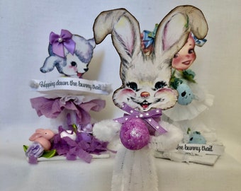 Handmade Chenille Bump Hopping Down The Bunny Trail Greeting Character  Retro Bunny