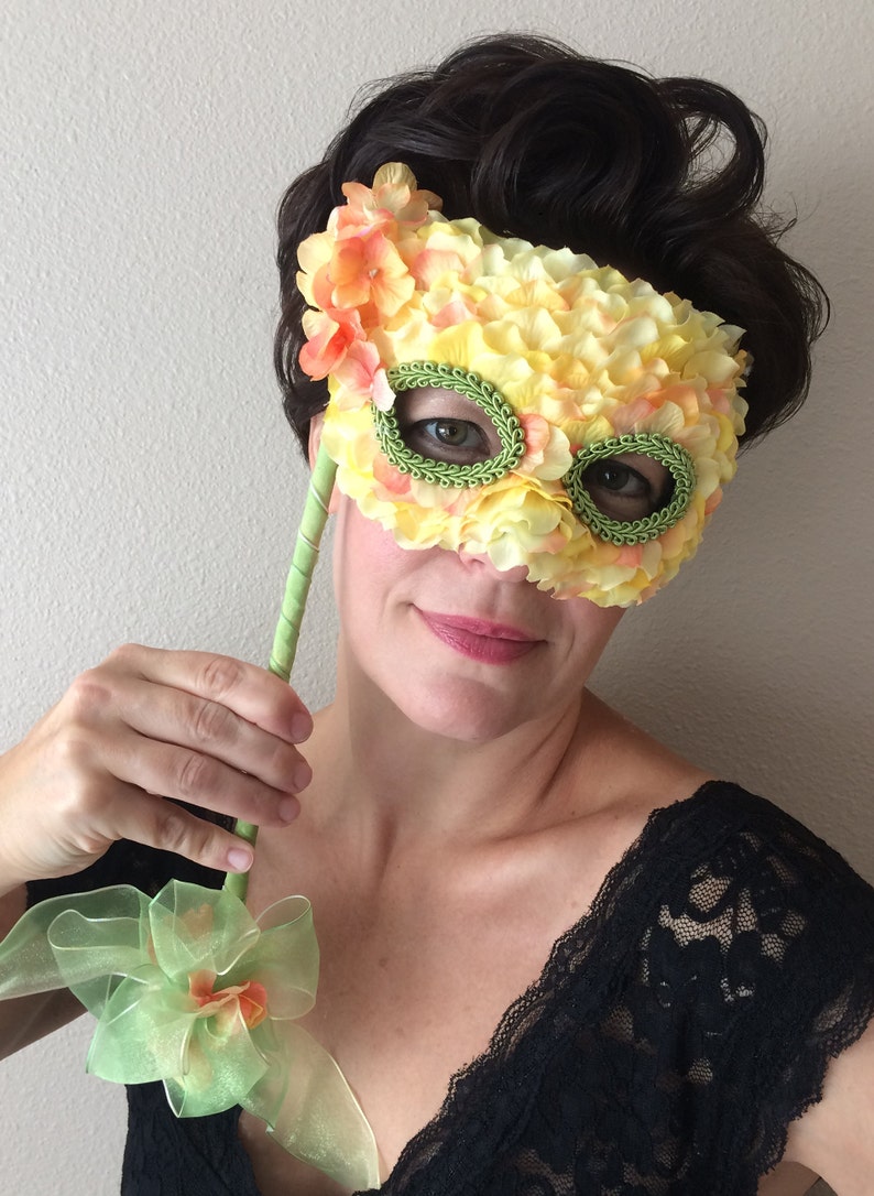 Handmade Mask featuring yellow and peach tinged silk flower petals