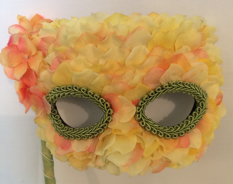 Handmade Mask featuring yellow and peach tinged silk flower petals