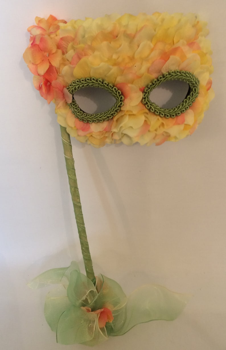 Handmade Mask featuring yellow and peach tinged silk flower petals