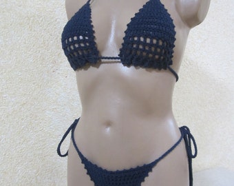 Dark Blue Crochet Bikini Set, Mesh Design