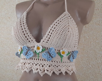 Crochet Bikini Top, Peach Cotton, Butterfly Daisy Applique