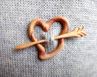 Boho wooden shawl pin, heart of Cupid shawl pin, juniper wood shawl pin