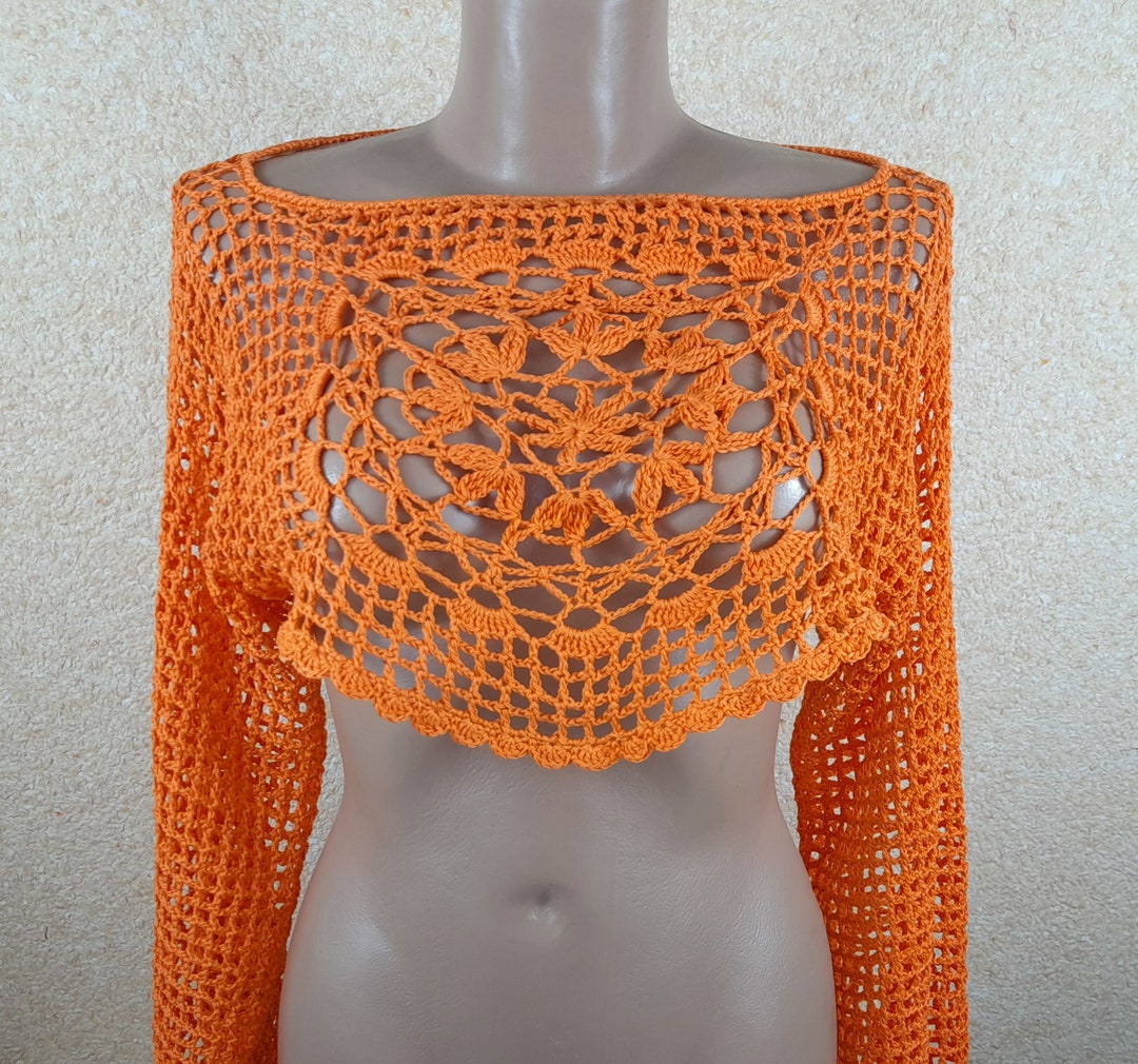 Long Sleeve Crochet Crop Top Crochet Mesh Shrug Crochet Mesh Etsy