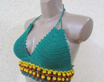 Top bikini all'uncinetto Rasta, bralette in cotone fatto a mano, abito da festival boho