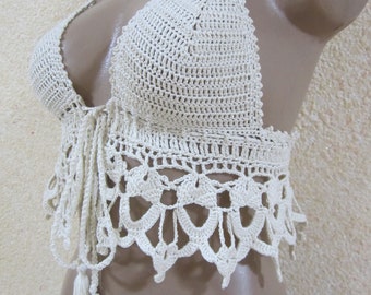 Haut de bikini au crochet blanc, haut bohème au crochet