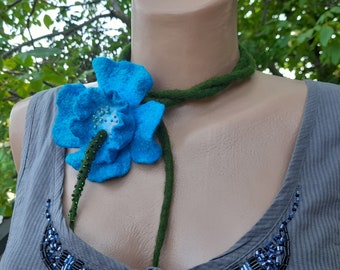 Felted floral necklace,Floral choker, Flower lariat, Boho necklace,Flower lariat scarf,Unique felting lariat,Floral scarf,Fantasy necklace