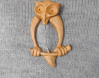 Carved Alder Wood Owl Shawl Pin: Boho Scarf Brooch