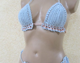 Blue Pink Crochet bikini, Boho bikini