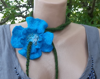 Felted Floral Lariat Necklace: Turquoise Flower, Boho Scarf