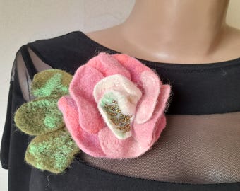 Pink Felted Flower Brooch - Handcrafted Floral Pin
