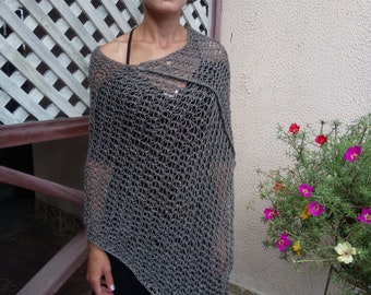 Linen  poncho, linen reversible knit poncho, poncho mesh