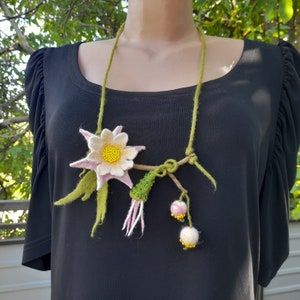 Felted Lotus Flower Necklace: Handmade Merino Wool Boho Jewelry