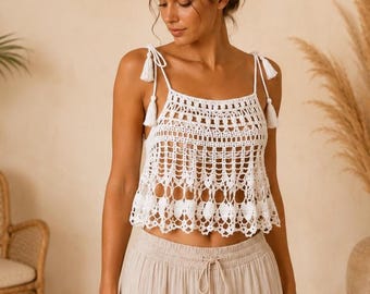 White Crochet Boho Top: Handmade Cotton Beach Outfit