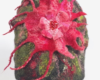 Handmade Felted Wool Hat  With a Large Asymmetrical Felted Flower Women Winter Beanie