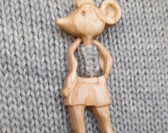 Boho Beech Wood Shawl Pin: Hand Carved Mouse Girl Scarf Pin