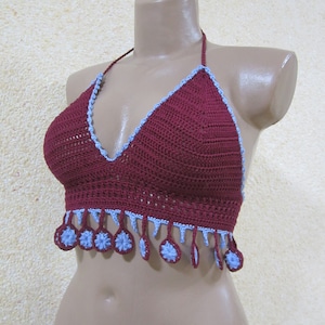 Crochet bikini top, Bohemian fringed crochet top, Festival crochet top.