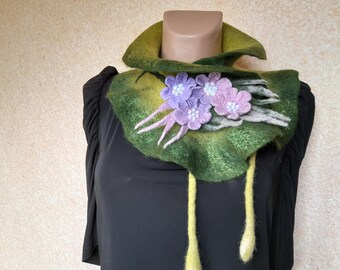 Hand Felted Merino Wool Scarf: Green Neck Warmer with Felted Brooch