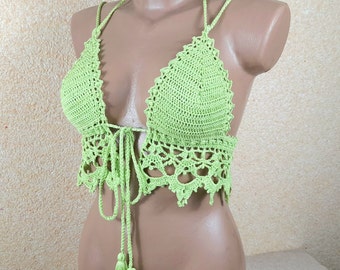 Light green crochet bikini top, Boho crochet  top, Backless crochet tank top, Open back crochet top, Boho top, Festival style