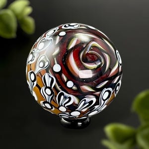 Ribbon Cane Rose Dot Stack Glass Marble 1.56" - Red Yellow Black White Boro Art