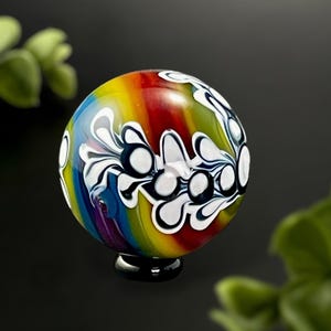 Rainbow Black and White Dot Stack Raked Glass Marble 1.43" - Boro Heady Art