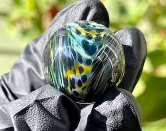 Handmade Borosilicate Glass Marble - Collector Hider MIB - Greens Blues Lime Leopard Spotted Twisted Magic