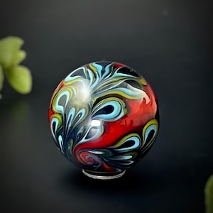 Handmade Borosilicate Glass Marble, Collectible Heady Glass Contemporary Marble, Hand Blown Glass Art - Red with Peacock Inspired Plumes