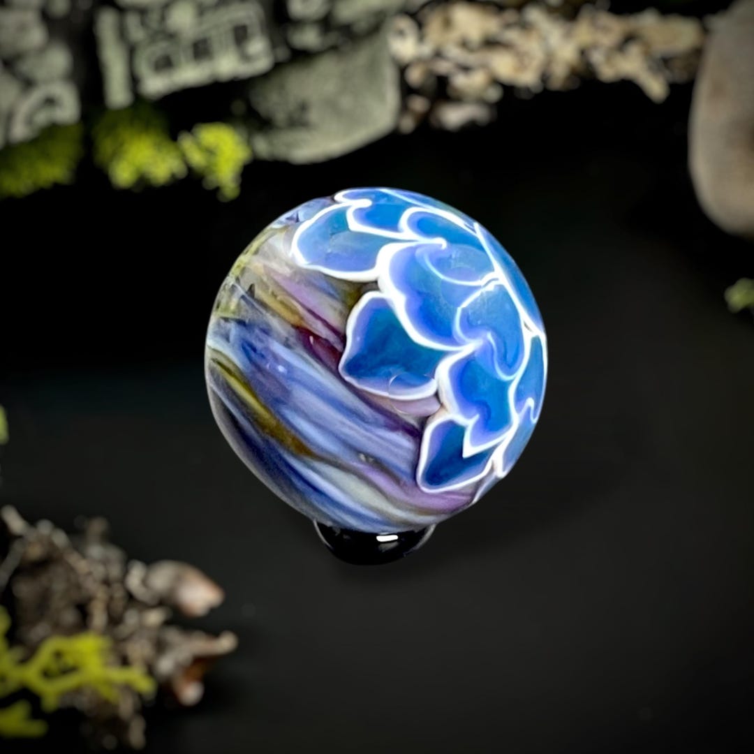Blue Flower Pattern Swirled Planet Glass Marble 1.36
