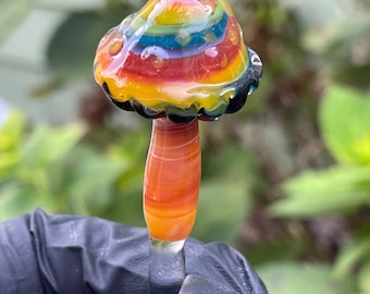 Hand Blown Borosilicate Glass Mushroom Plant Stake - Whimsical Garden Art for Indoor Plants, Terrariums & Aquariums - Home Decor