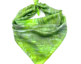 Silk Bandana Scarf in Chartreuse, Platinum, Silver & Greenery Unisex  21"x21" One of a Kind Wearable Art. For neck, head, bandana or tie.