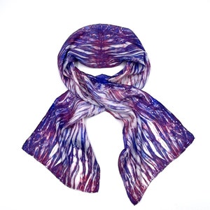 Silk Scarf for Women or Men in Red, White, Blue & Purple 11&quot;x60&quot; One of a Kind Wearable Art. Use for neck or head scarf, belt, or tie.