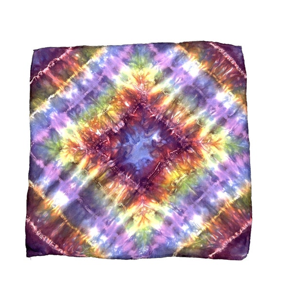 Handmade Small 11"x11" Silk Pocket Square, or Handkerchief in Multi Colored Gemstone Jewel Rainbow.  Ice Dyed and One of a Kind.