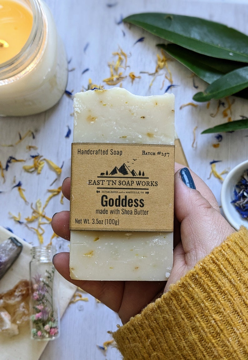 Goddess Artisan Soap with Shea Butter, Calendula, Blue Cornflower Zero-waste Cruelty-free Forest-friendly Patchouli Lavender 3.5 oz