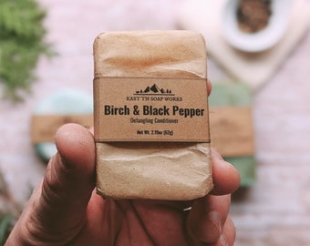 Birch & Black Pepper Detangling Conditioner Bar - Jojoba, Argan, Cocoa Butter -No Plastics -Vegan -Zero-waste -2.19oz (62g)