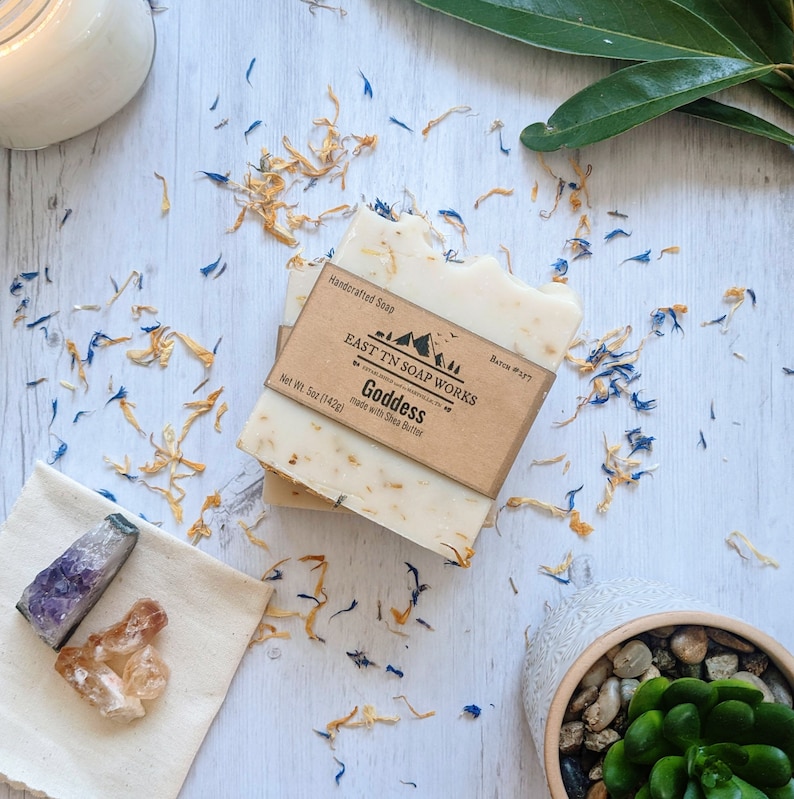 Goddess Artisan Soap with Shea Butter, Calendula, Blue Cornflower Zero-waste Cruelty-free Forest-friendly Patchouli Lavender 5 oz