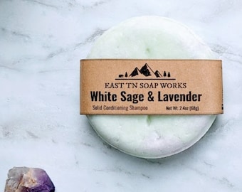 White Sage & Lavender - Barra acondicionadora sólida de champú - Sin plásticos ni sulfatos - Ecológico - Vegano - Sin crueldad - 2.4oz / 3.9oz