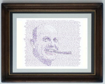 May include: A framed print of a handwritten text in purple ink. The text is a letter from a person named F.D. Roosevelt. The letter is about the importance of justice and peace. The text is in a cursive font and is written on a white background.