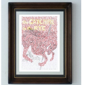May include: A framed print of a red and yellow text art piece. The text is from the novel "The Catcher in the Rye" by J.D. Salinger. The text is arranged in the shape of a hand.