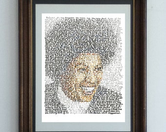 May include: A framed print with a dark brown wooden frame. The artwork features handwritten text in black ink on a white background. The text is dense and covers the entire surface, with a faded image in the center.