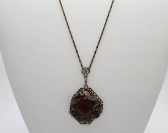Vintage Jugendstil Glas Sardonyx Filigran & Emaille Halskette mit Drachen Akzent