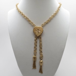 Vintage New 14K Yellow Gold 26&quot; Handmade Heart Slide Necklace/ Large Intricate Woven Chain Finished with Tassel Ends / Weighs 42.1 Grams