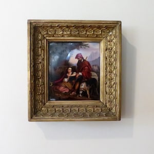 Antique KPM Style Hand Painted  Porcelain Plaque &quot;The Visit to the Gravesite&quot; /Carved Gilt Wood Frame/18th C.  Couple /Dog by a Grave