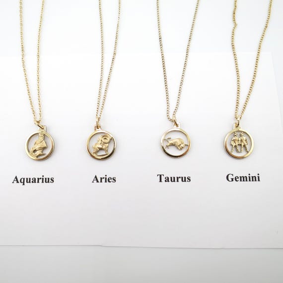 Vintage New Krementz Gold Overlay Petite 3D Disc Zodiac Necklace/ 15” Chain/ Weighs 1.35 Grams