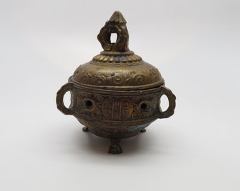 1920's Vantine's No 1027 French Brass Lidded 3 Handled Incense Burner / Holder, Asian Design, Footed