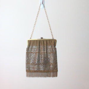 Stunning Antique Micro Beaded Fringe Purse with Bezel Set Rhinestones /Brass Frame/Art Nouveau