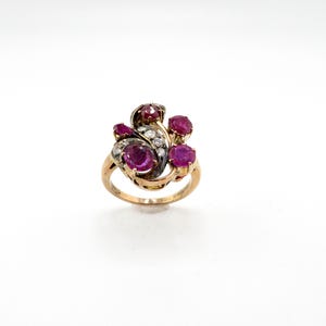 Gorgeous Antique 14K Yellow Gold and Silver Genuine Ruby / Natural Diamond Freeform Cluster Ring/ 18.74mm Wide/ Size 5.25/ Weighs 4.56 Grams