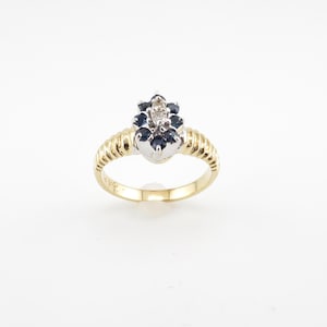 Gorgeous 14K Yellow & White Gold 9.55mm Wide Marquise Shaped Genuine Sapphire /Diamond Cluster Ring/ Ridged Band/ Size 6/ Weighs 3.67 Grams
